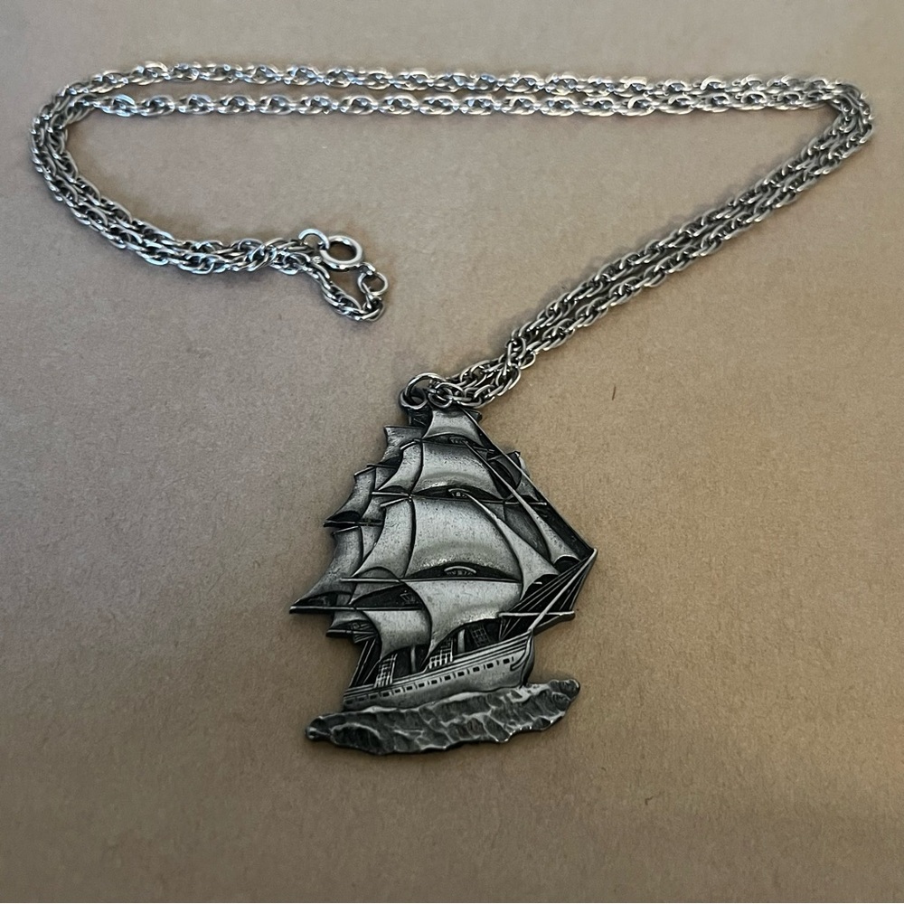 Vintage pewter CM&D sailing ship pendant necklace